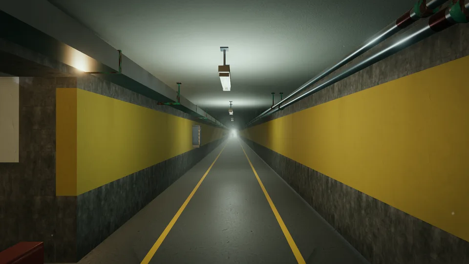 A long industrial corridor marked with ochre stripes and overhead lights