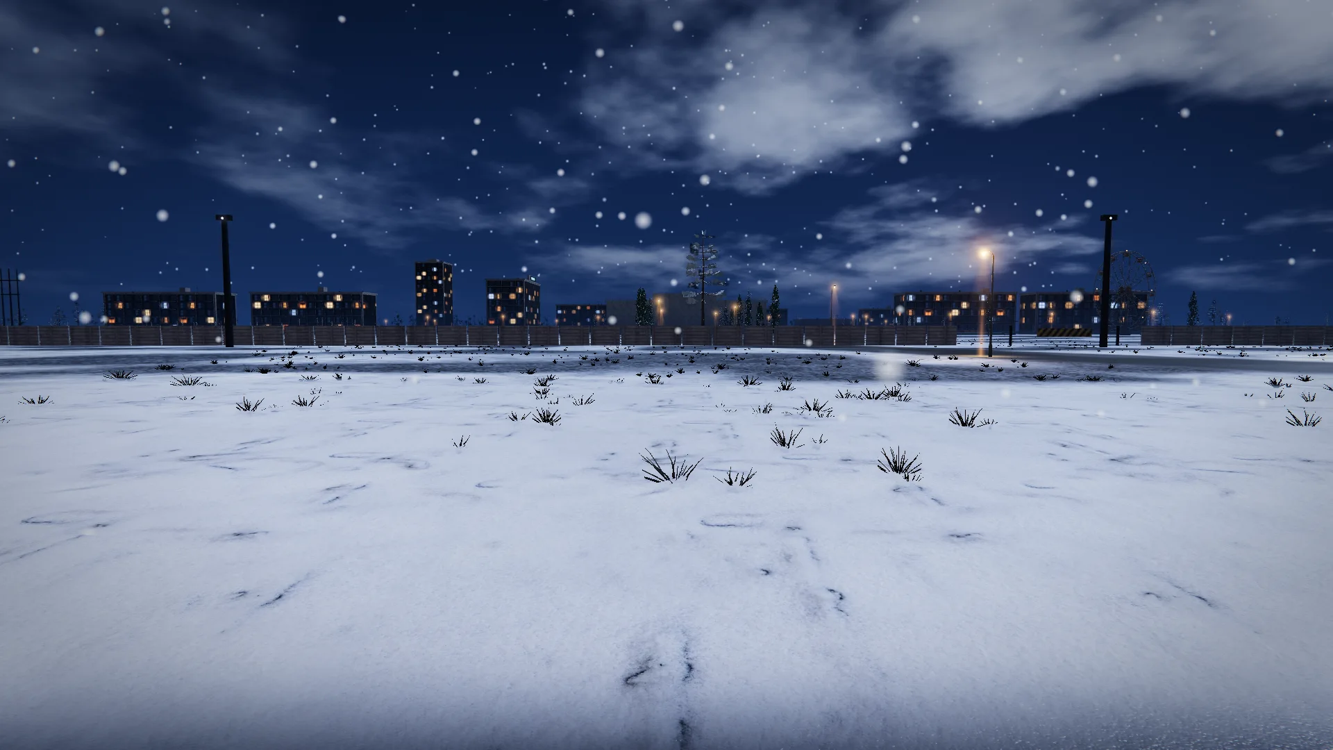 Snow falling over the illuminated streets of Pripyat, captured in ZONE 01:23